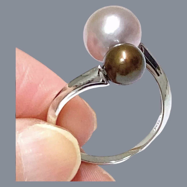 Trendy Round 7 & 9.5mm Edison Purple Brown Cultured Double Pearls Ring