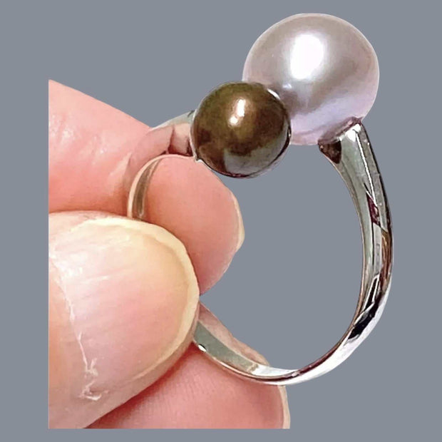 Trendy Round 7 & 9.5mm Edison Purple Brown Cultured Double Pearls Ring