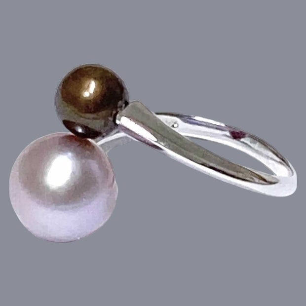 Trendy Round 7 & 9.5mm Edison Purple Brown Cultured Double Pearls Ring