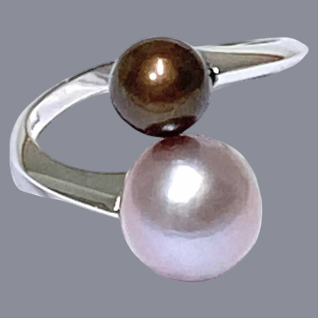 Trendy Round 7 & 9.5mm Edison Purple Brown Cultured Double Pearls Ring