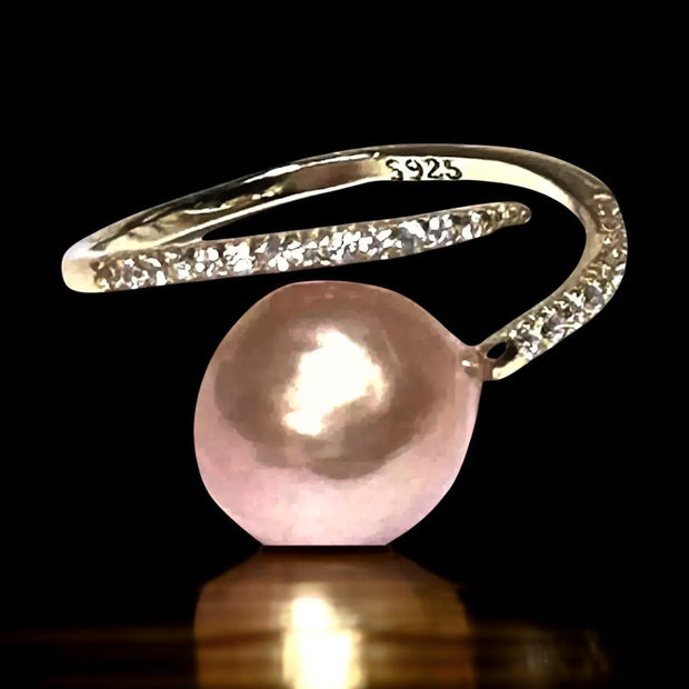 Solitaire 9 x 10mm Peach Pink Gold Oval Keshi Cultured Pearl Ring Size 6