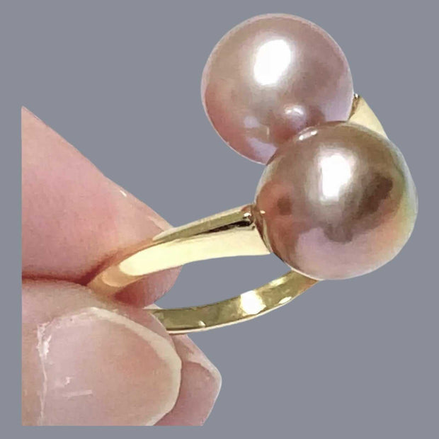 Round 9 - 9.5mm Edison Purple Rose Double Cultured Pearls Ring Size 8