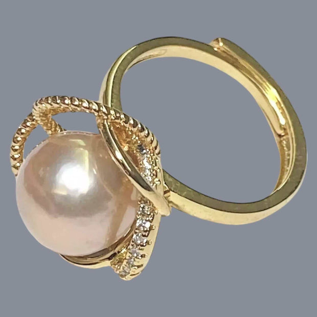 9.5 - 10mm Peach Gold Pink Edison Cultured Round Pearl Ring Size 6-7