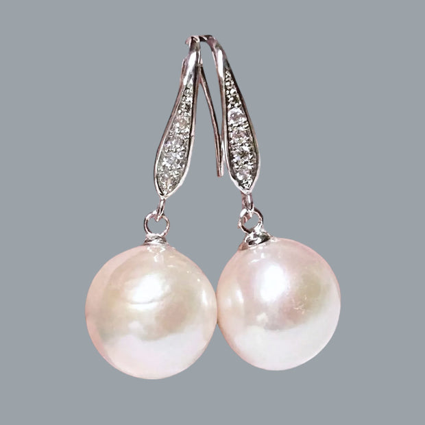 Round White Pinkish 11.5- 11.7mm Edison Cultured Pearl Dangle Earrings