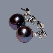 Gorgeous 10.4mm Edison Peacock Black Pink Round Pearl Dangle Earrings