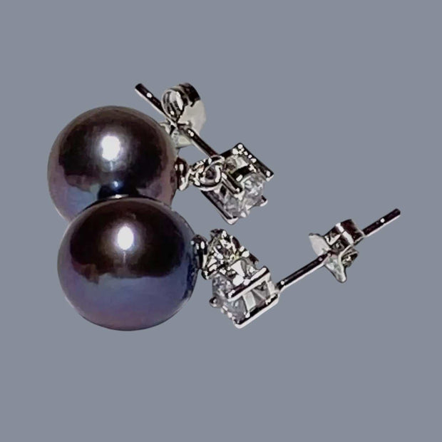 Gorgeous 10.4mm Edison Peacock Black Pink Round Pearl Dangle Earrings