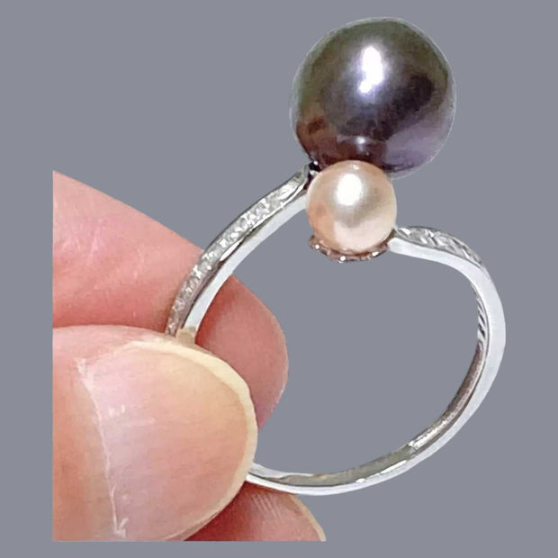 Double 5.3 & 10mm Edison Purple Black Pink Pearls Ring Size 8