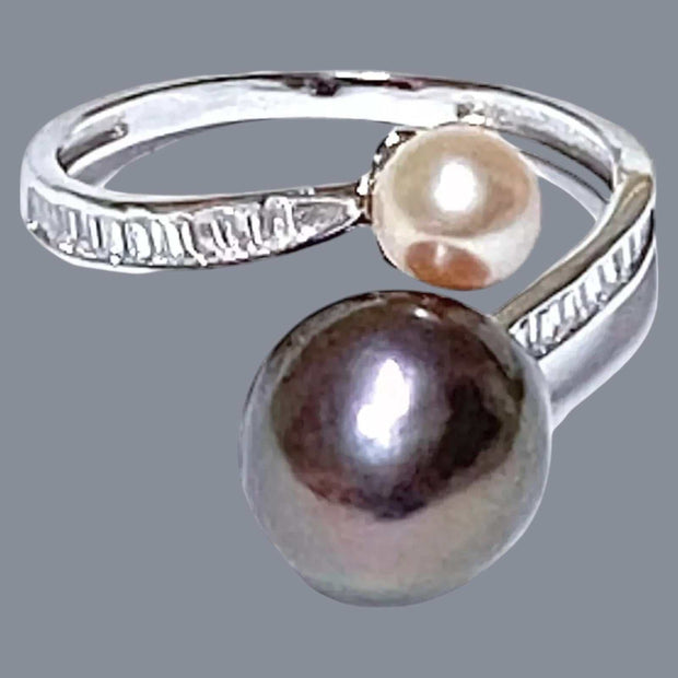 Double 5.3 & 10mm Edison Purple Black Pink Pearls Ring Size 8