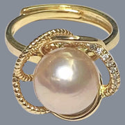 9.5 - 10mm Peach Gold Pink Edison Cultured Round Pearl Ring Size 6-7