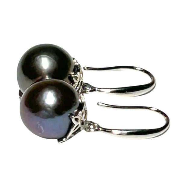 Round 10.5mm Edison Natural Purple Black Blue Pearl Dangle Earrings