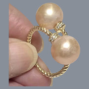 Glistening Edison Peach Pink Round Cultured Double Pearls Ring Size 6