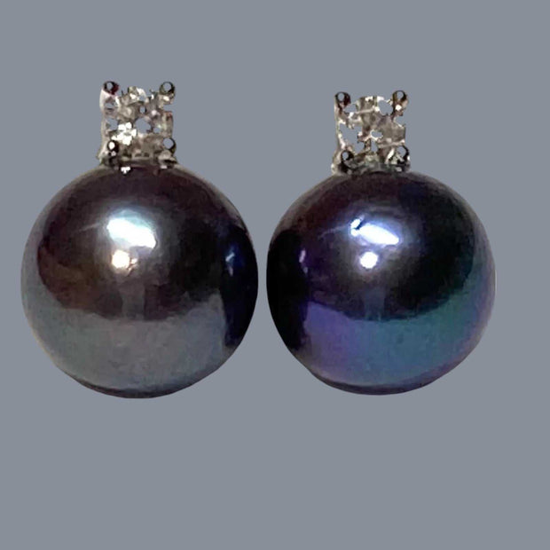 Elegant 10.5-11mm Round Edison Purple Black Blue Pearl Dangle Earrings