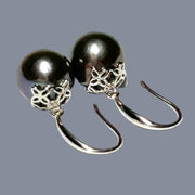 Round 10.5mm Edison Natural Purple Black Blue Pearl Dangle Earrings