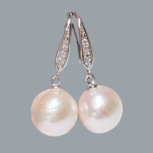 Round White Pinkish 11.5- 11.7mm Edison Cultured Pearl Dangle Earrings