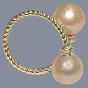 Glistening Edison Peach Pink Round Cultured Double Pearls Ring Size 6