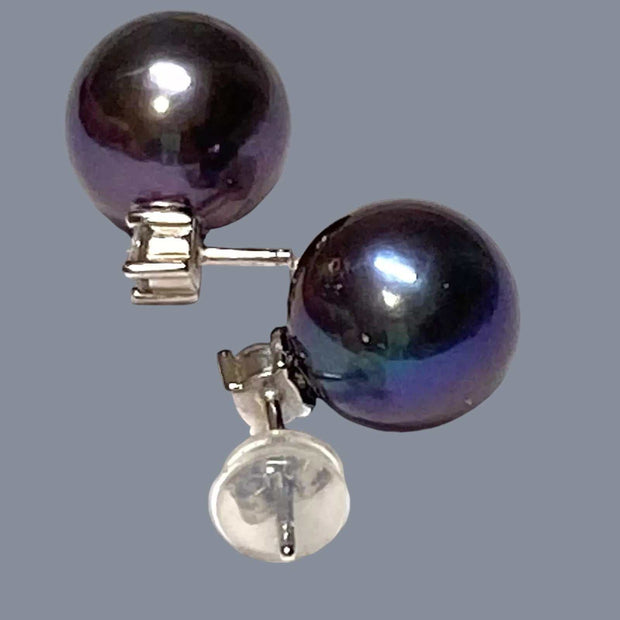 Elegant 10.5-11mm Round Edison Purple Black Blue Pearl Dangle Earrings