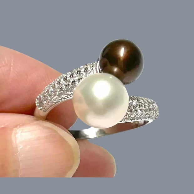 6.5-10mm Edison White Brown Round Double Pearls Ring Size 6