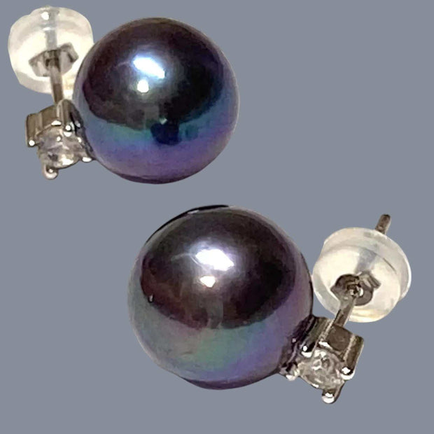 Elegant 10.5-11mm Round Edison Purple Black Blue Pearl Dangle Earrings