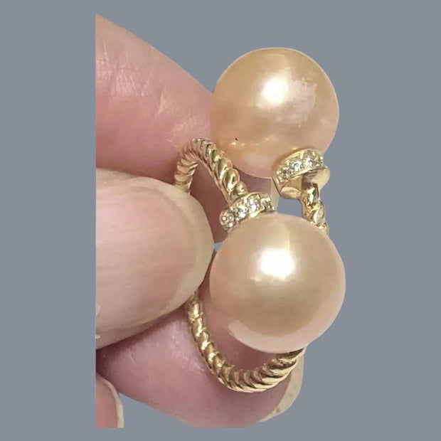 Glistening Edison Peach Pink Round Cultured Double Pearls Ring Size 6