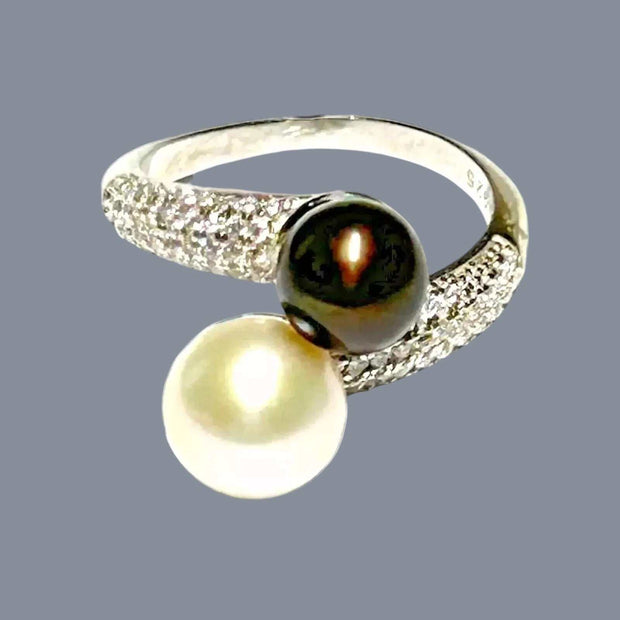 6.5-10mm Edison White Brown Round Double Pearls Ring Size 6