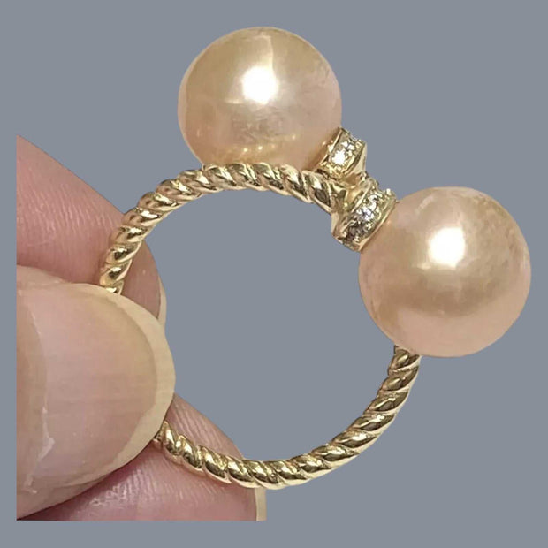 Glistening Edison Peach Pink Round Cultured Double Pearls Ring Size 6