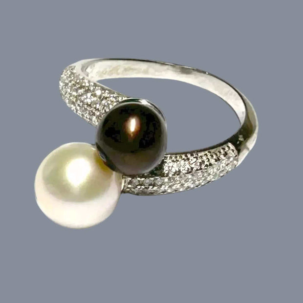 6.5-10mm Edison White Brown Round Double Pearls Ring Size 6