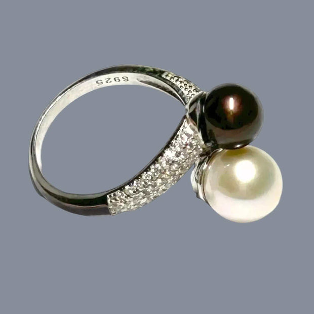 6.5-10mm Edison White Brown Round Double Pearls Ring Size 6