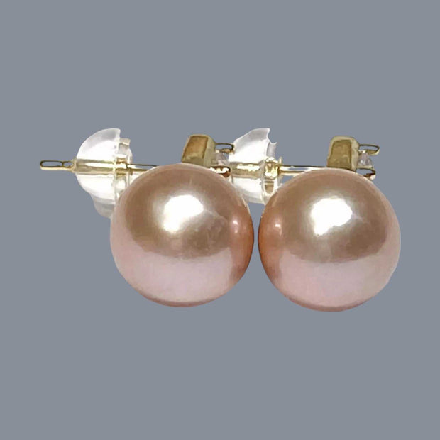 Refined 10 - 10.5mm Peach Pink Round Edison Excellent Pearl Earrings