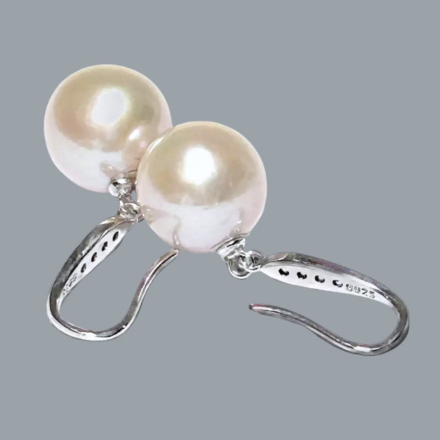 Round White Pinkish 11.5- 11.7mm Edison Cultured Pearl Dangle Earrings