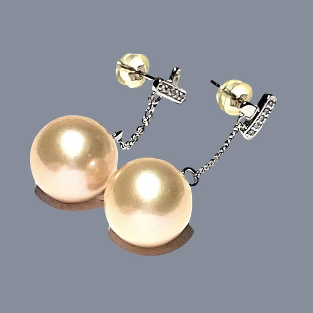 Huge 12-12.5mm Peach Gold Pink Edison Cultured Pearl Dangle Earrings – Elegant and Statement Jewelry