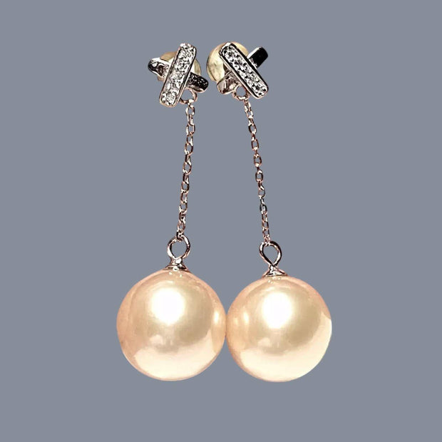 Huge 12-12.5mm Peach Gold Pink Edison Cultured Pearl Dangle Earrings – Elegant and Statement Jewelry