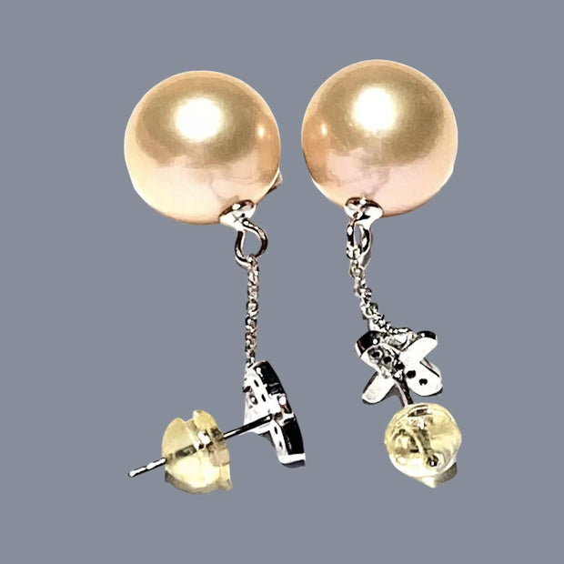 Huge 12-12.5mm Peach Gold Pink Edison Cultured Pearl Dangle Earrings – Elegant and Statement Jewelry