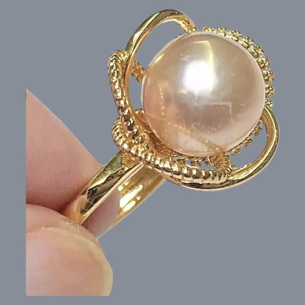 9.5 - 10mm Peach Gold Pink Edison Cultured Round Pearl Ring Size 6-7