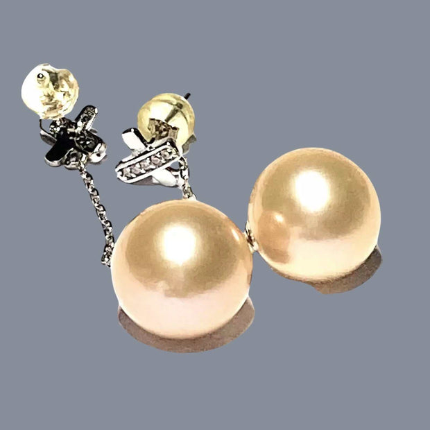 Huge 12-12.5mm Peach Gold Pink Edison Cultured Pearl Dangle Earrings – Elegant and Statement Jewelry