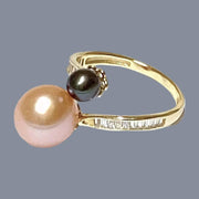 Round 5.3 & 9.3mm Edison Peach Black Double Pearls Ring Size 8