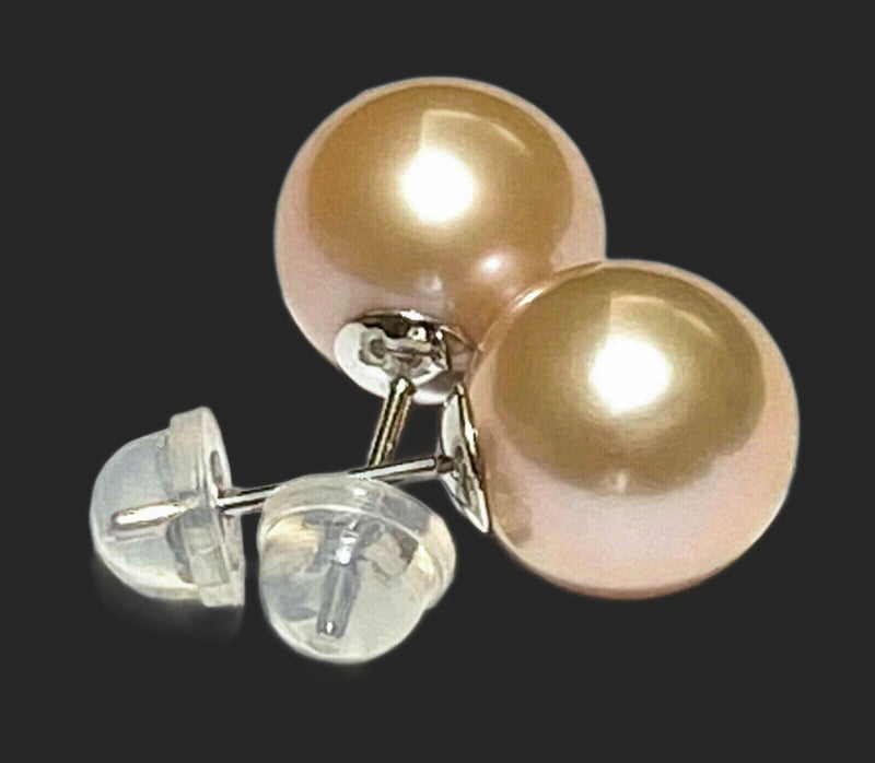 Classic Mirror Luster 11mm Peach Pink Round Edison Pearl Stud Earrings