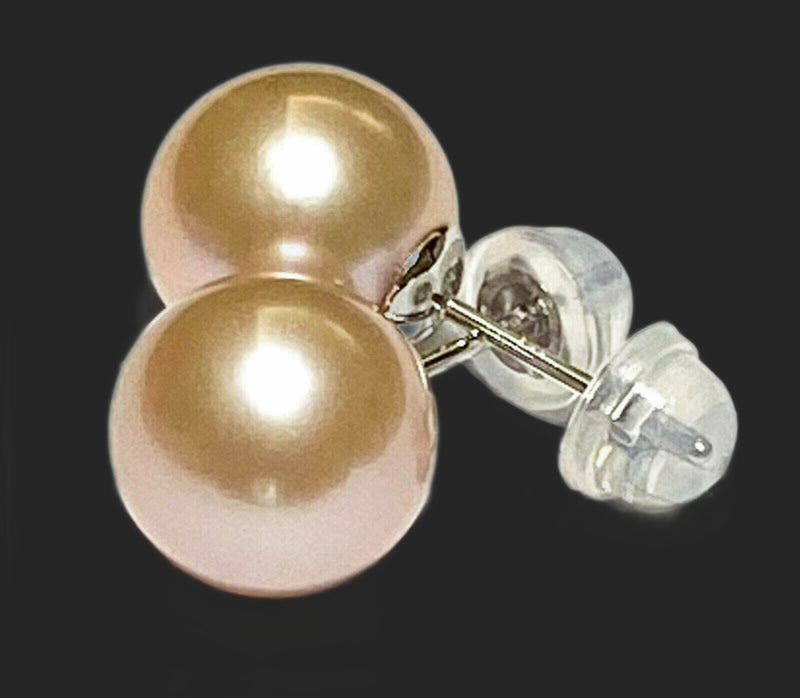 Classic Mirror Luster 11mm Peach Pink Round Edison Pearl Stud Earrings