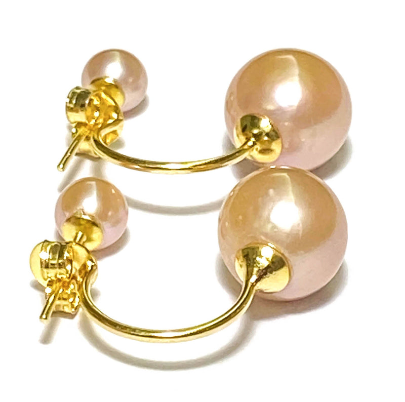 Superb Double 5 and 9.5 mm Peach Gold Pink Edison Pearls Stud Earrings