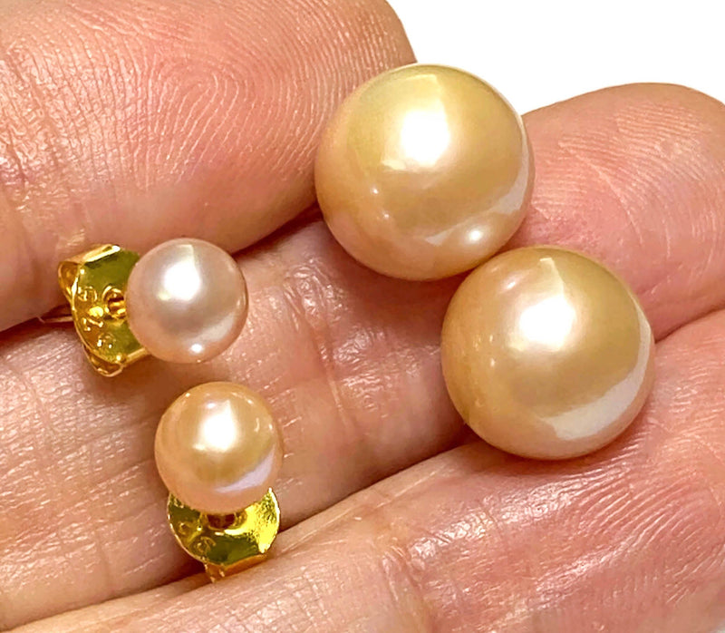 Superb Double 5 and 9.5 mm Peach Gold Pink Edison Pearls Stud Earrings
