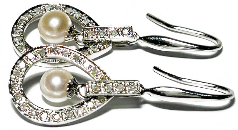 Solid 14k White Gold 0.27 cts Diamond Akoya White Pearl Dangle Earrings
