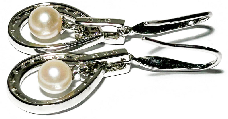 Solid 14k White Gold 0.27 cts Diamond Akoya White Pearl Dangle Earrings