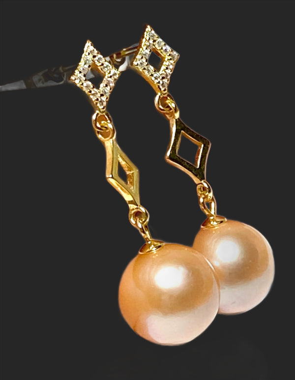Round Peach Gold Pink 10 - 10.5mm Edison Cultured Pearl Dangle Earrings