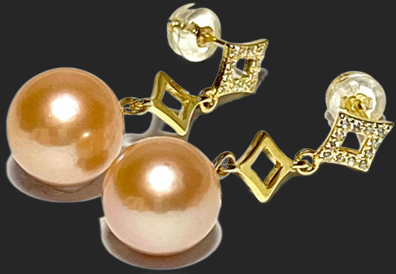 Round Peach Gold Pink 10 - 10.5mm Edison Cultured Pearl Dangle Earrings