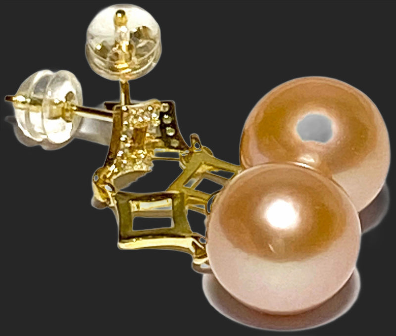 Round Peach Gold Pink 10 - 10.5mm Edison Cultured Pearl Dangle Earrings