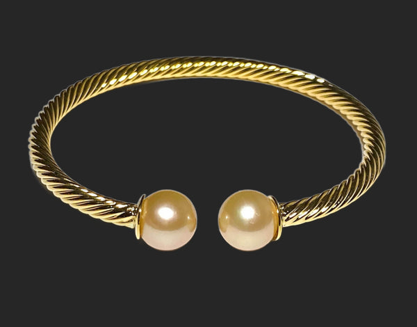 Double Pearls Twist Gold Edison Peach Pink 11mm Round Pearl Bangle