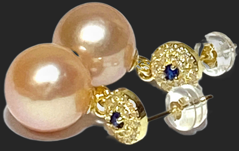 5A Quality 10-10.5mm Edison Peach Gold Pink Round Pearl Earrings