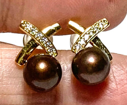 Stunning 6-6.5mm Japanese Akoya Brown Bronze Cultured Pearl Earrings
