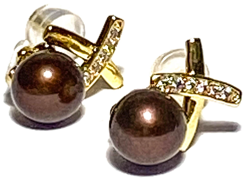 Stunning 6-6.5mm Japanese Akoya Brown Bronze Cultured Pearl Earrings