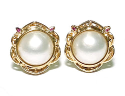 Natural Ruby 14K Y Gold 14mm South Sea Pearl Omega Back Stud Earrings
