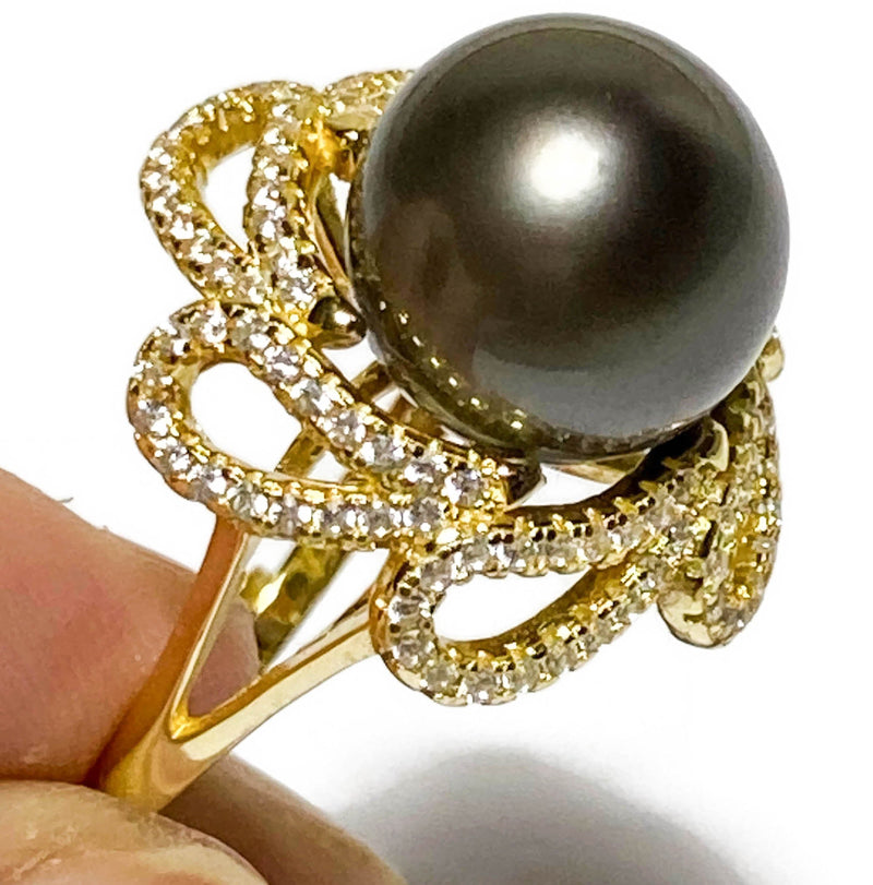 Cocktail Peacock Black Green 11.5mm Round Tahitian Pearl Ring Size 6-7